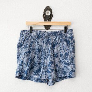 Briggs Linen Blend Tropical Shorts L Blue White Floral Drawstring Elastic Waist